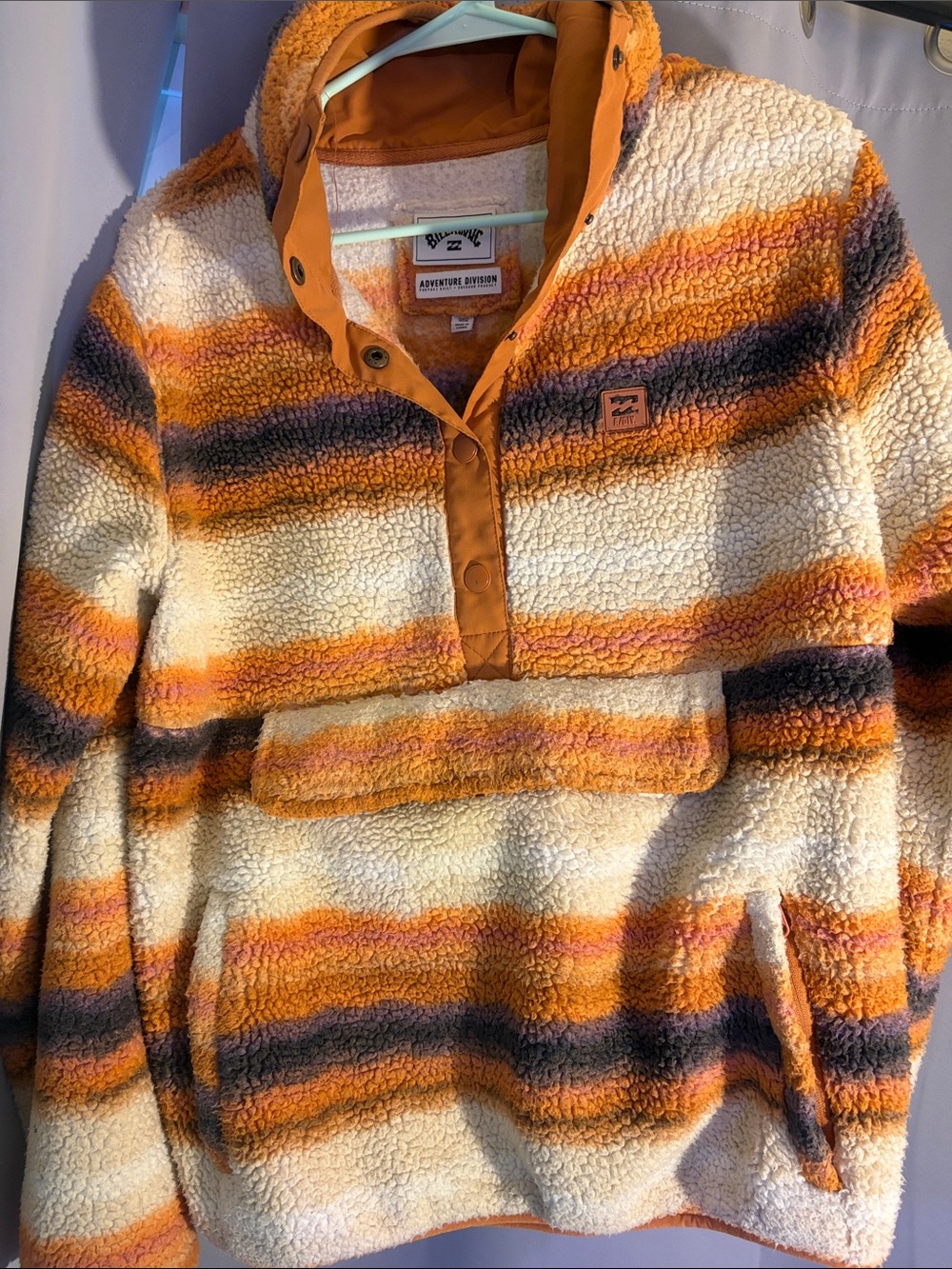 Billabong Striped Sherpa Pullover in Rust, Cream, Pink, Black